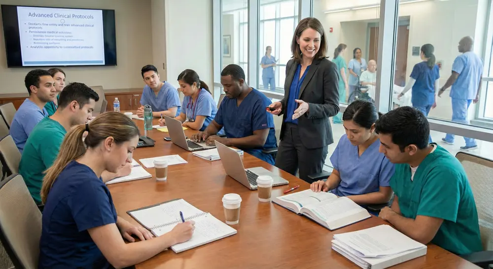 A diverse group of students in scrubs sit around a table in a classroom, with open books and laptops. A female instructor stands guiding them.
